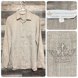 Crown Linen Designs Relaxed Button Up Shirt Women’s S Beige Crown Logo Tunic